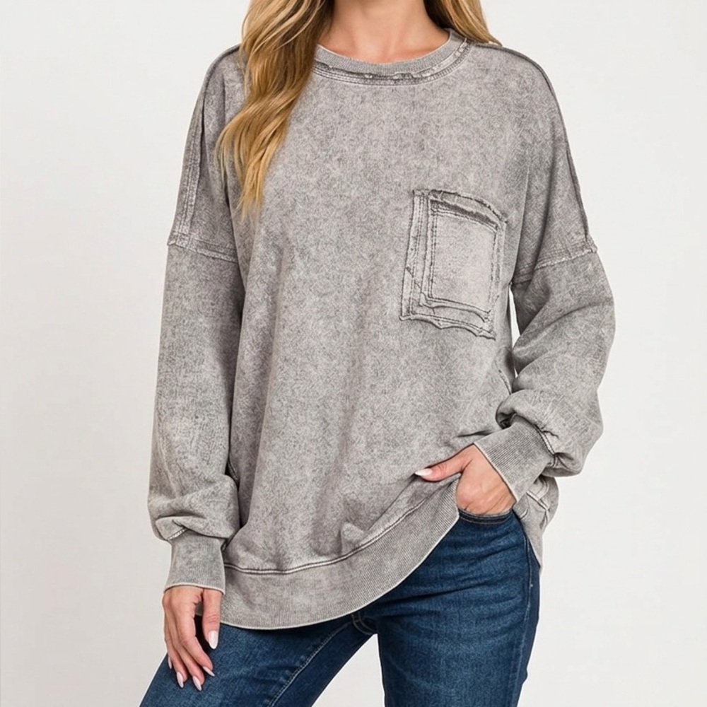 NWT Zenana Ash Black Gray Acid Wash French Terry Oversized Crewneck Sweatshirt